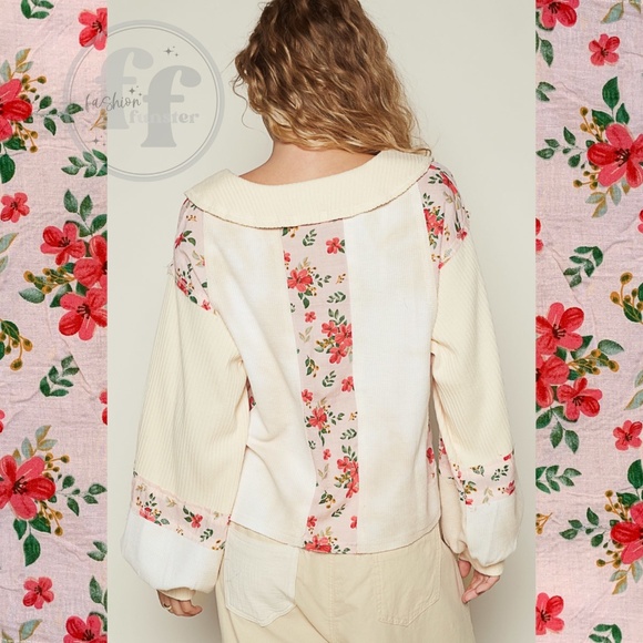 POL Cream Tie Dye Thermal Pink Floral Print Pullover Top - Picture 2 of 3